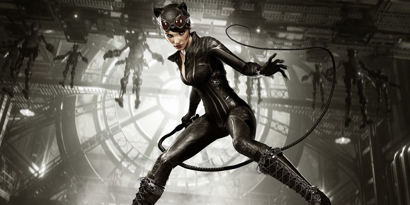 Mulher-Gato cercada pelos robôs do Charada no material promocional de Batman: Arkham Knight.