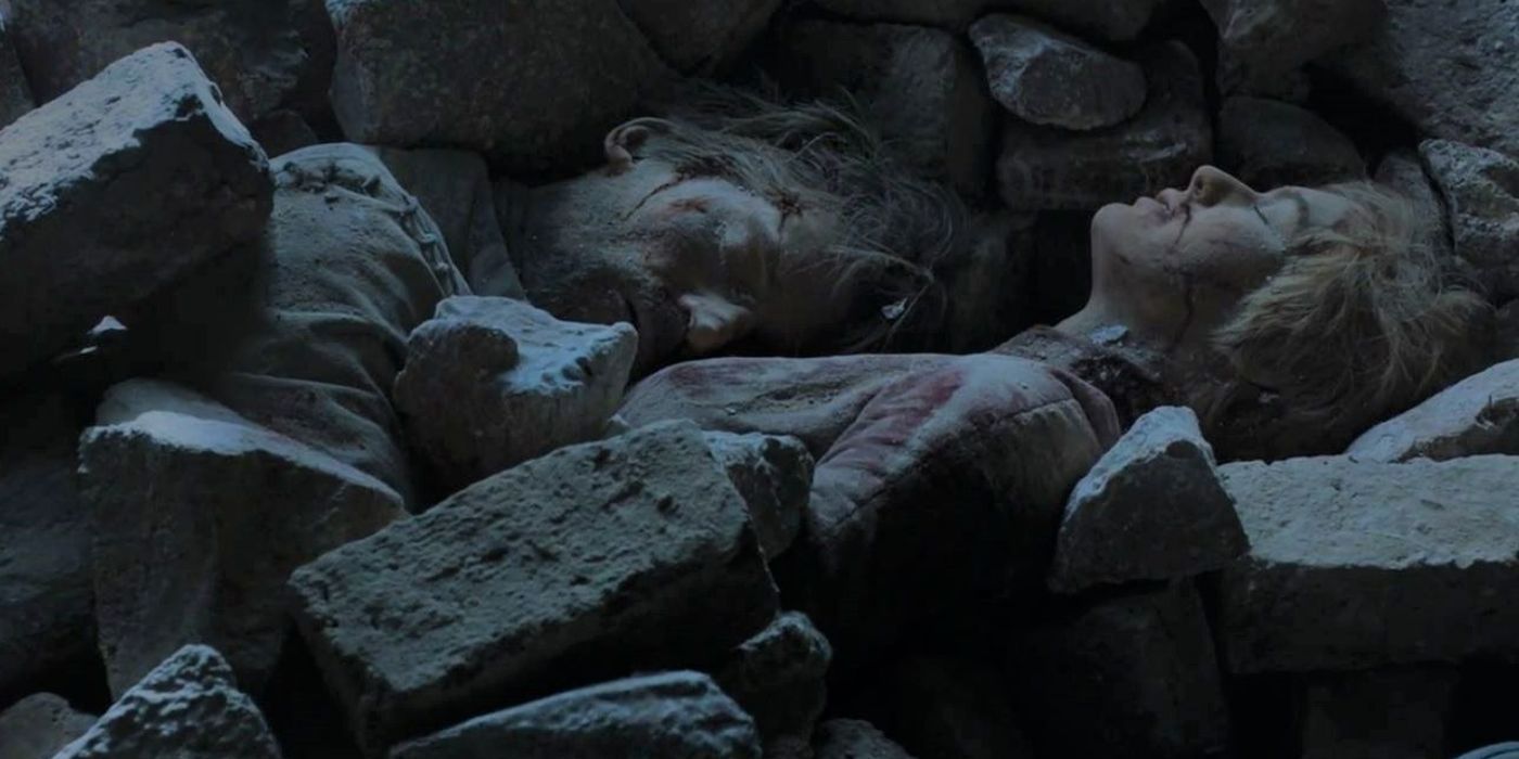 Cersei and Jaime lying dead in the rubble from Game of Thrones. 