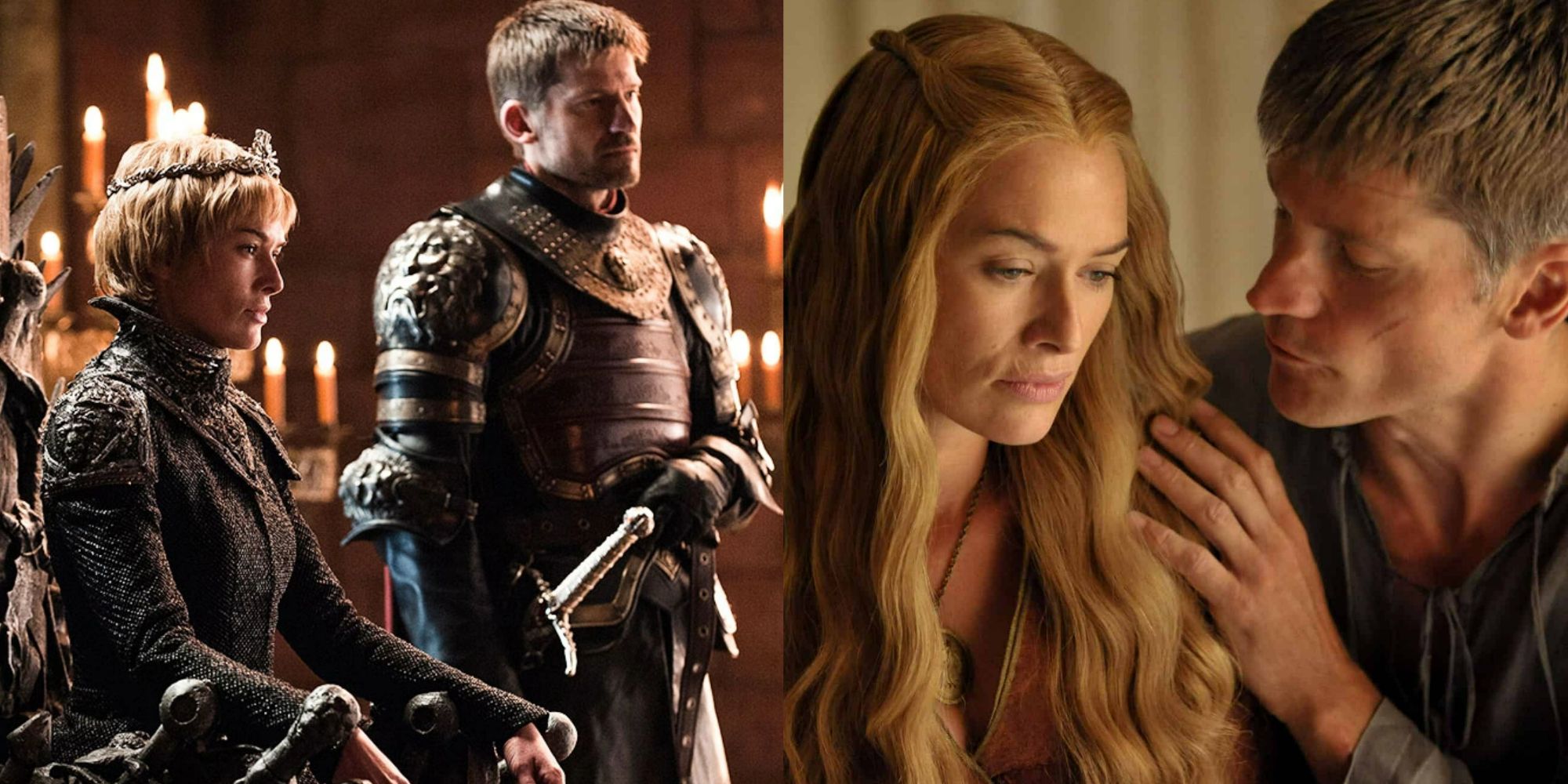 A split image showing Cersei and Jaime at the Iron Throne on the left and Jaime comforting Cersei on the right from Game of Thrones. 