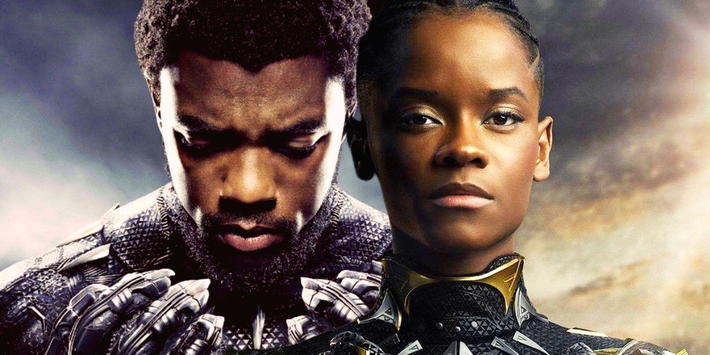 Chadwick Boseman as T'Challa looking down superimposed with Letitia Wright as Shuri in Black Panther suit