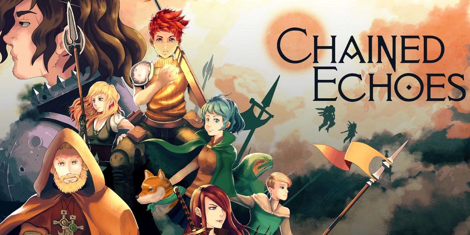 Chained Echoes Cover Art de vários personagens sobrepostos à esquerda e logotipo à direita