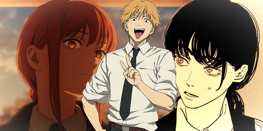 Denji standing between Makima and Asa.