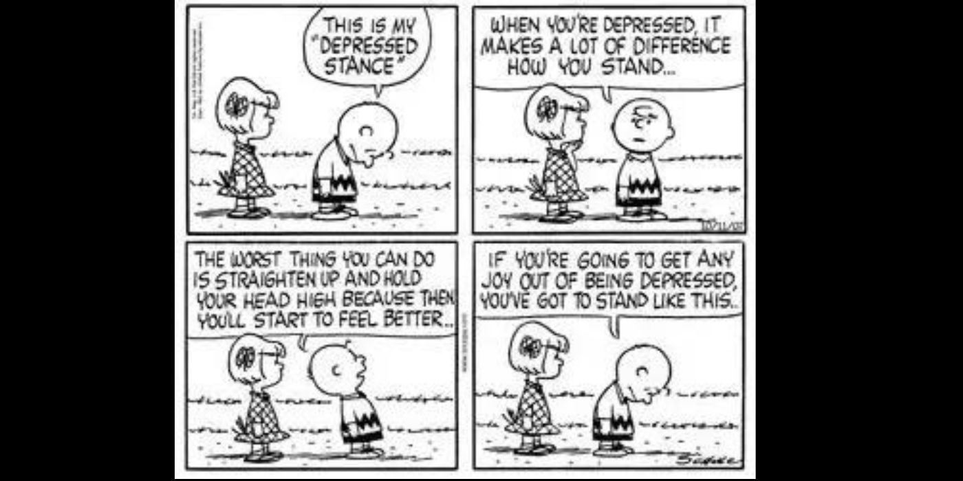 Charlie Brown in postura depressa mentre parla con una ragazza