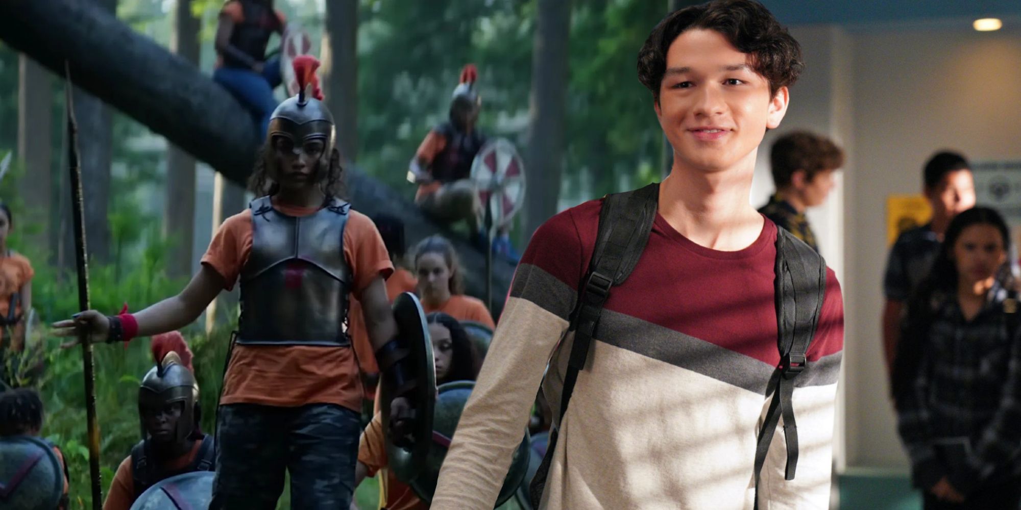 A blended image features actor Charlie Bushnell and campers from the Percy Jackson Disney+ series