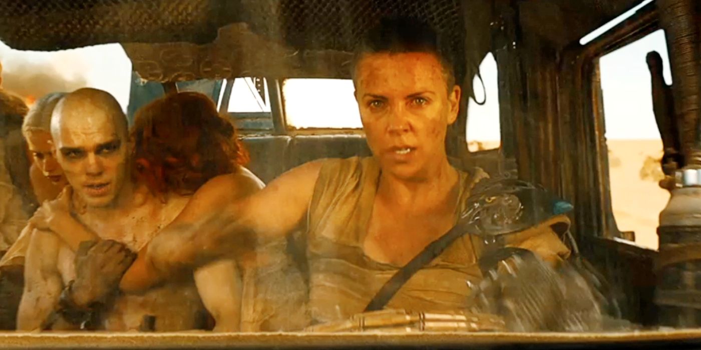 Charlize Theron behind the wheel of the war rig in Mad Max: Fury Road.