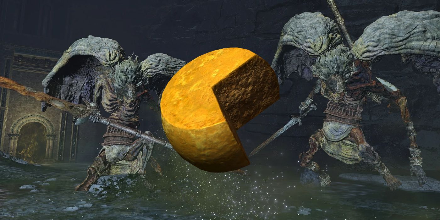 An image of the Valiant Gargoyles in Elden Ring with a cheese wheel superimposed over them