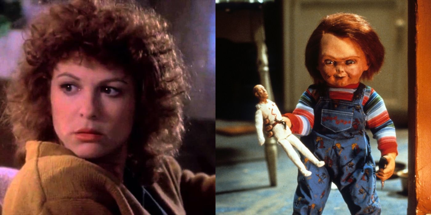 Imagem dividida de Maggie e Chucky em Child's Play (1988)