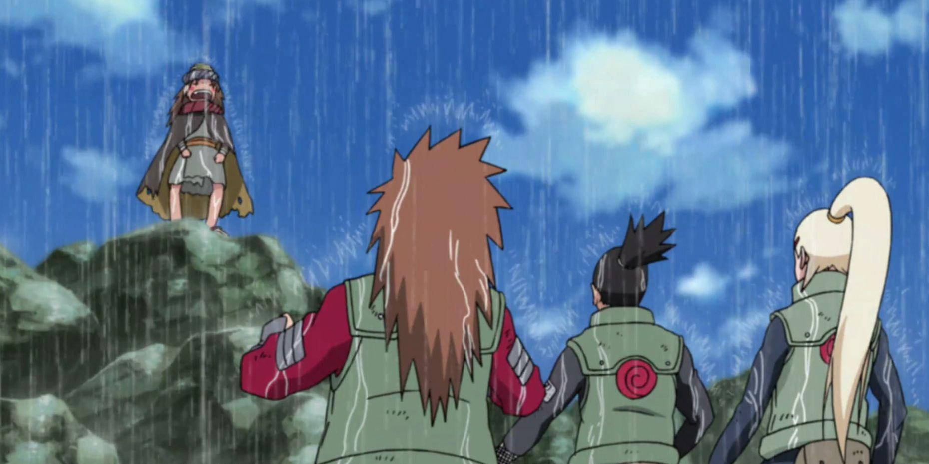Choji, Shikamaru e Ino avistam Yota na chuva em batalha em Naruto Shippuden