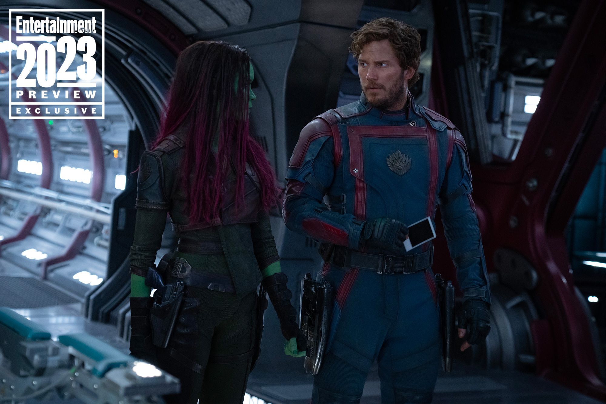 Chris Pratt como Star-Lord e Zoe Saldana como Gamora em Guardiões da Galáxia Vol 3