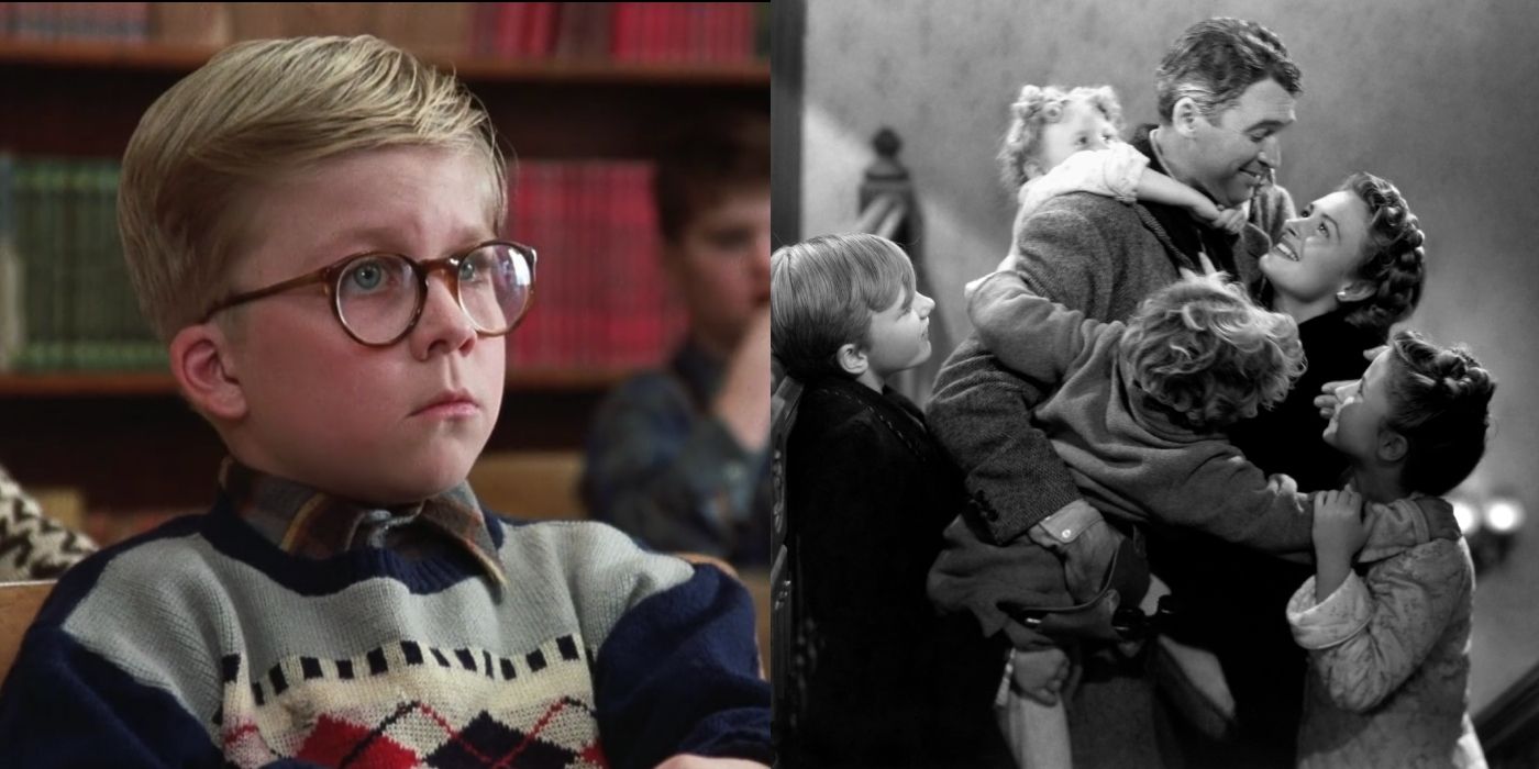 Split image of Ralphie in A Christmas Story and characters in It's A Wonderful Life