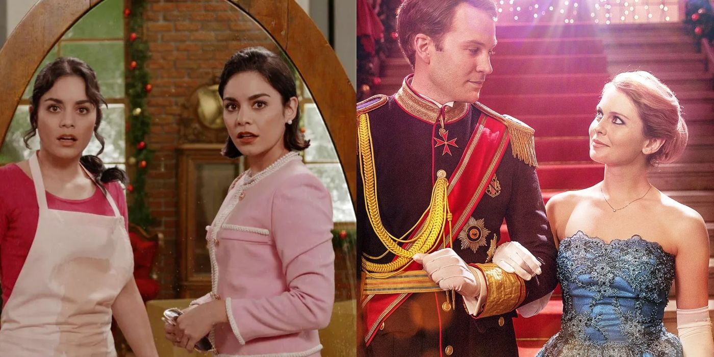 Split image of Stacy and Margaret in The Princess Switch and Amber and Richard in A Christmas Prince