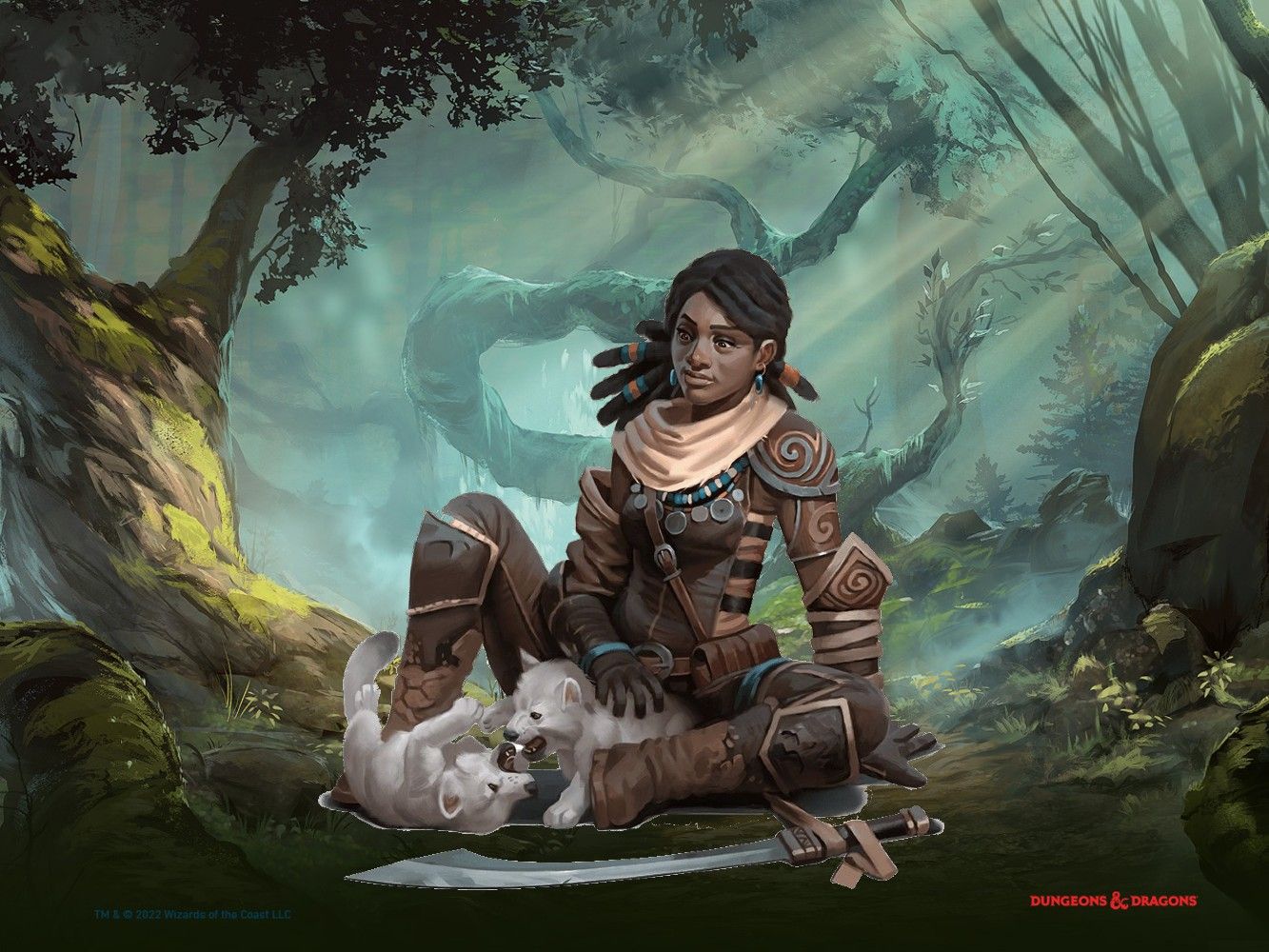 Circle of the Shepherd Druid with two wolves and a sword at her feet, sitting down in a wilderness locale.