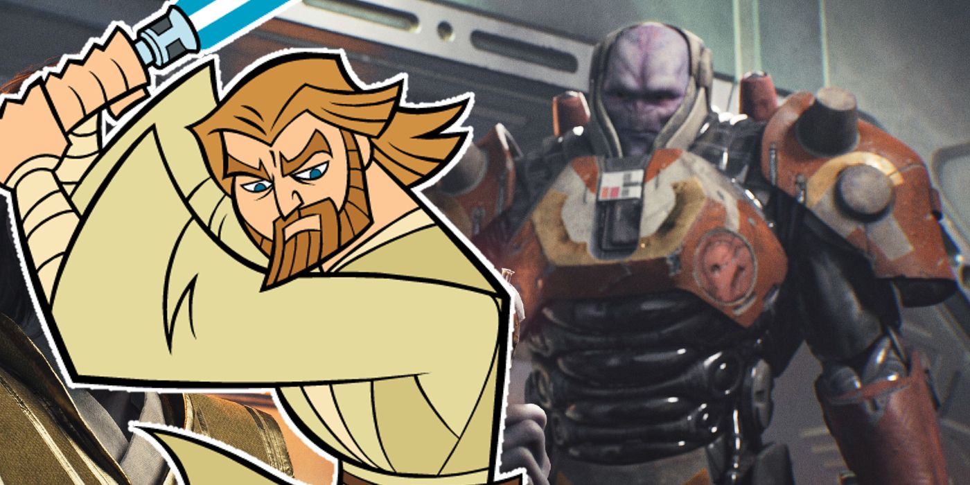Artwork of Obi-Wan Kenobi from the 2003 Clone Wars micro-series next to what could be a Gen'Dai enemy from Star Wars Jedi: Survivor.