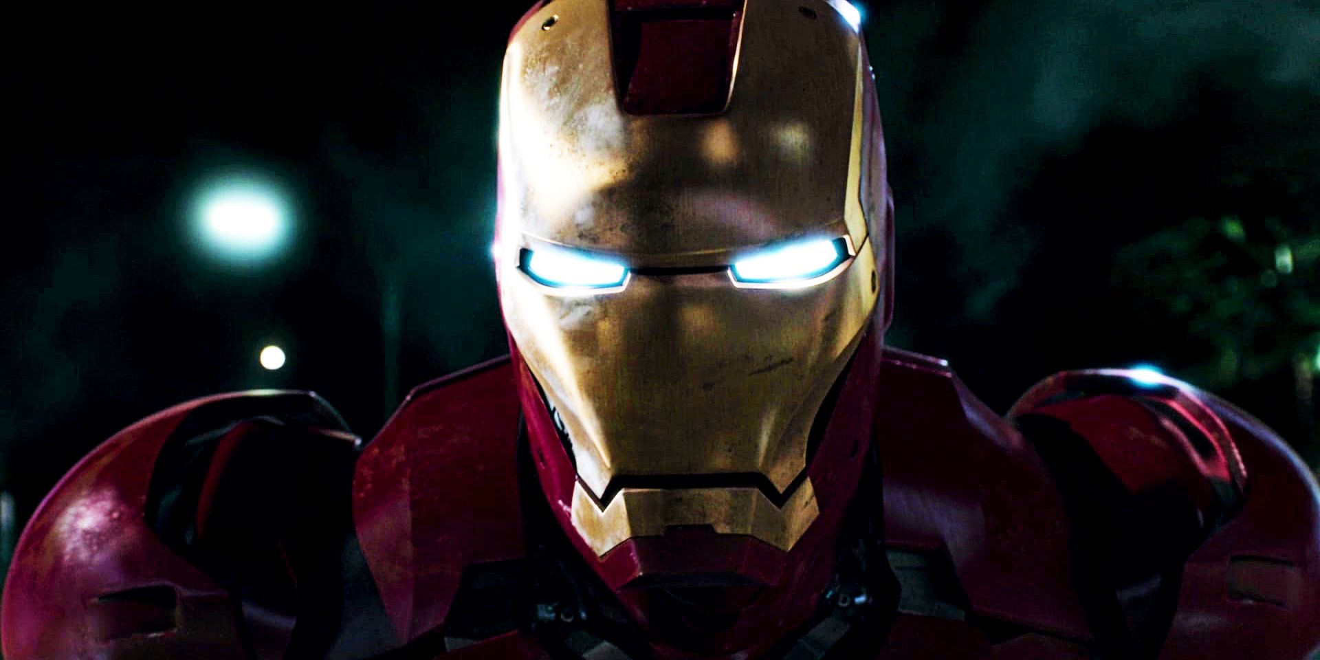Close up of Iron Man wearing helmet in first Iron Man movie