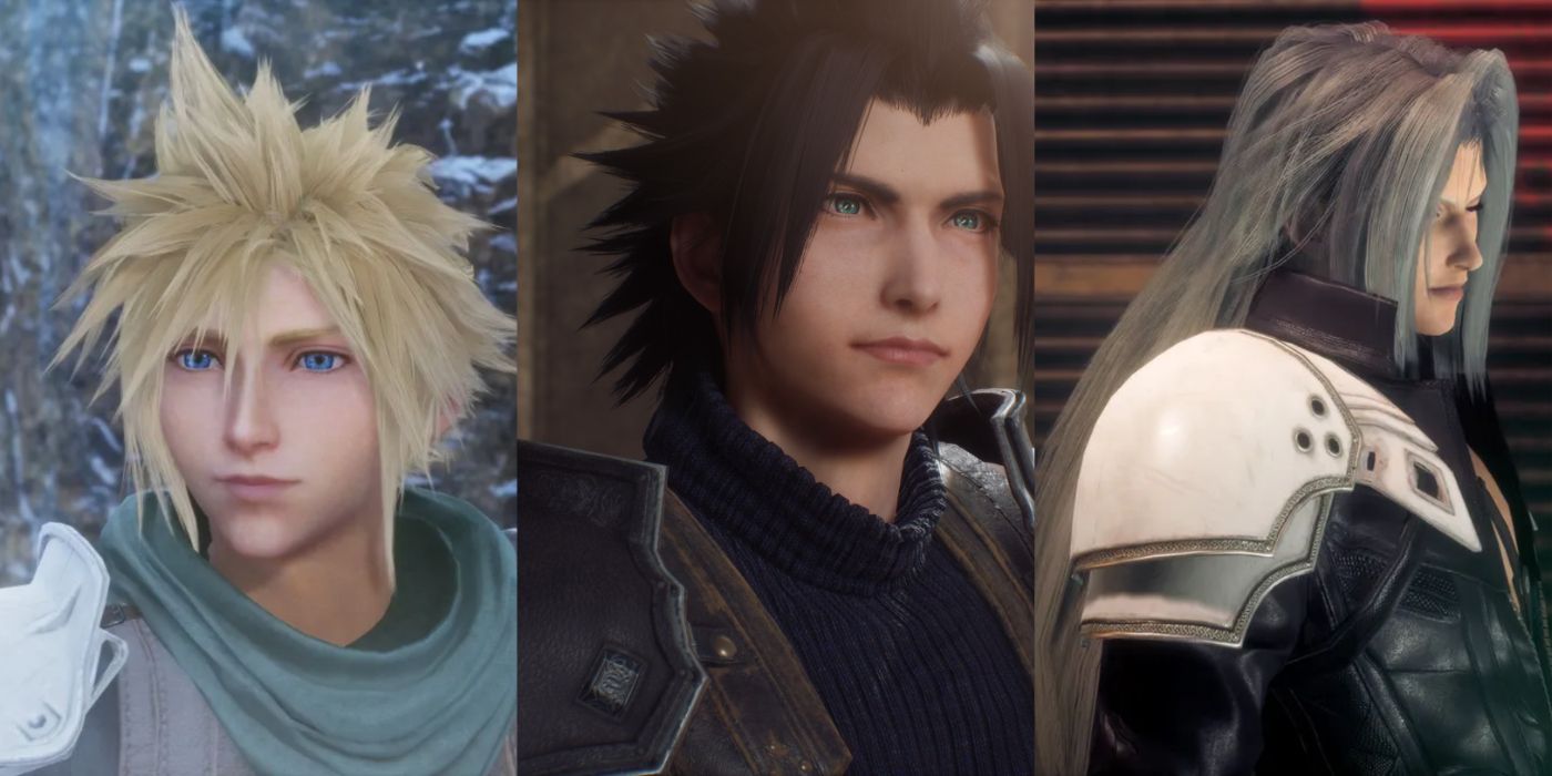 Split image of Cloud, Zack, and Sephiroth in Crisis Core: Final Fantasy VII Reunion.