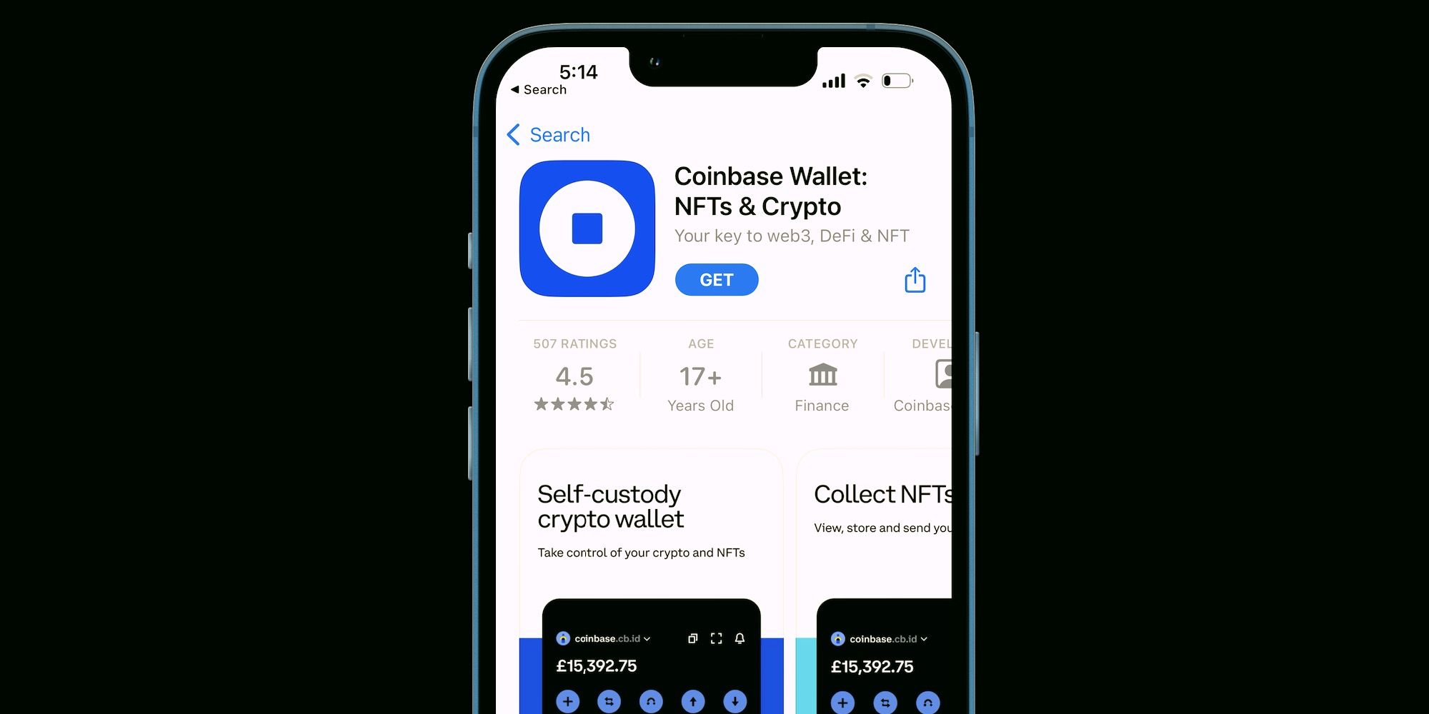 Coinbase Wallet app installed on an iPhone 13.