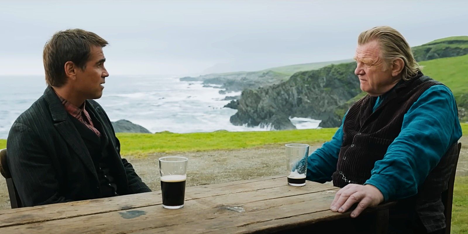 Colin Farrell as Pádraic and Brendan Gleeson as Colm in The Banshees of Inisherin