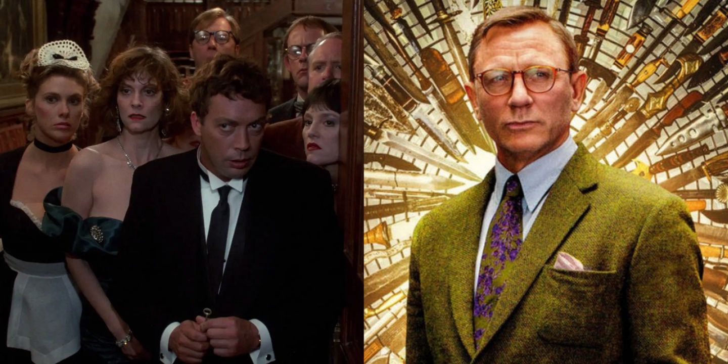 Split image of the cast of Clue and Daniel Craig in Knives Out