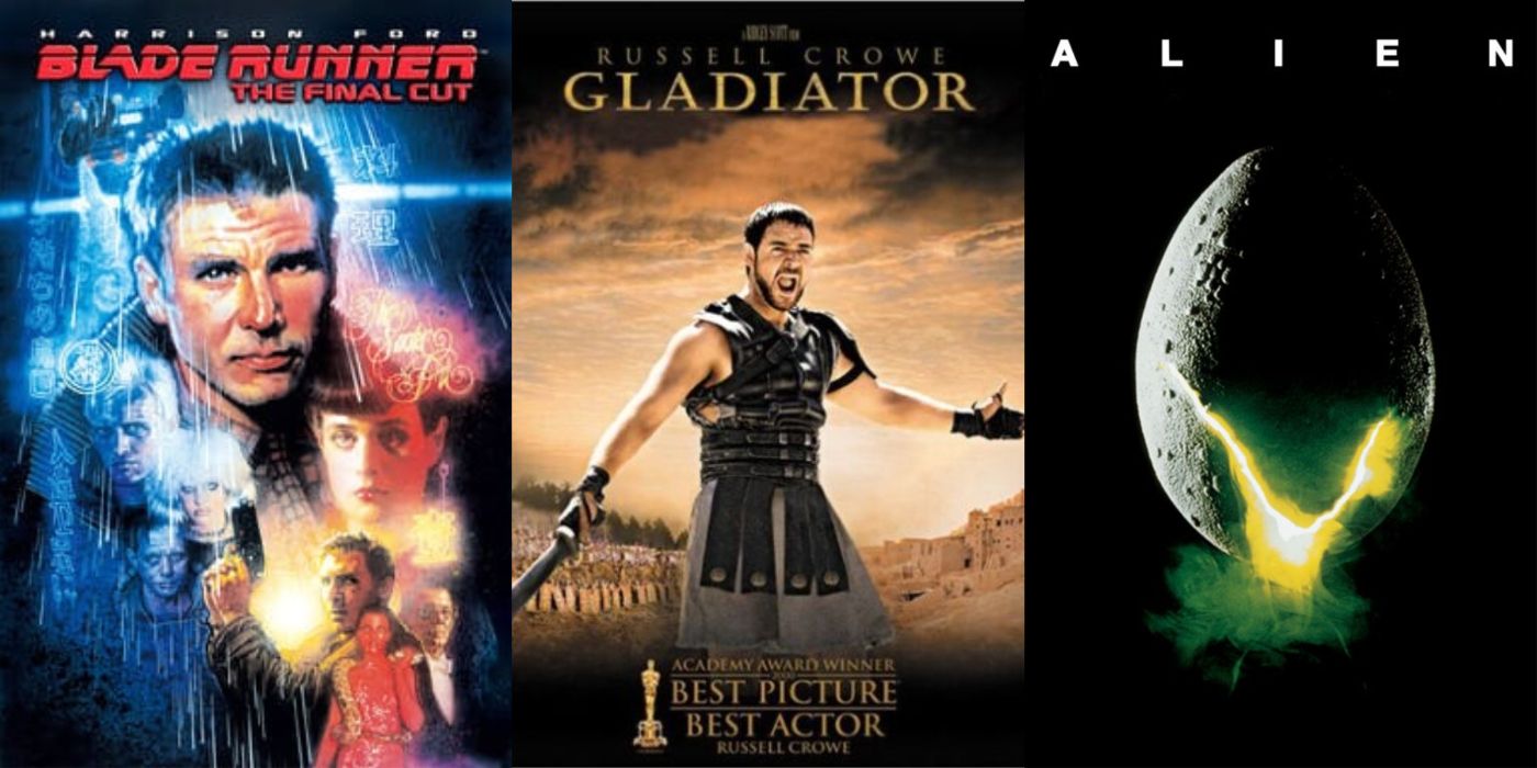 Movie posters for B;ade Runner, Gladiator, and Alien.