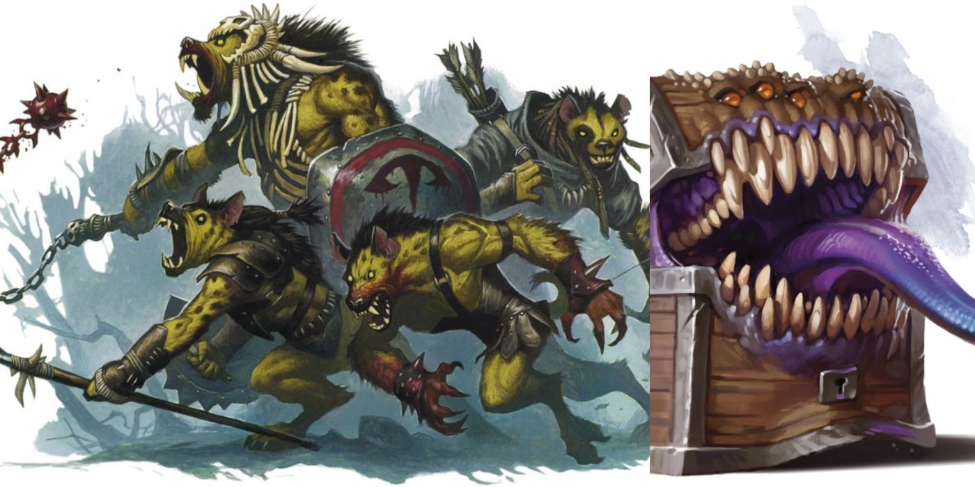 A split image of gnolls and a Mimic from Dungeons & Dragons.