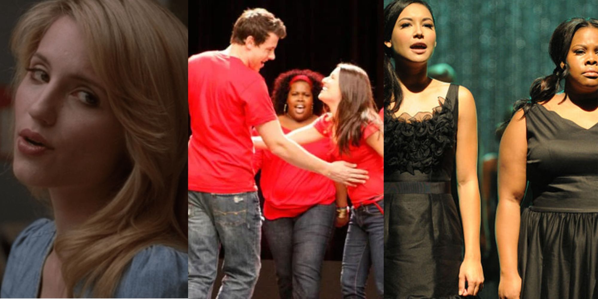 Split image of Quinn looking sideways at camera, Finn and Rachel dancing to Don't Stop Believin with Mercedes in the back, and Santana and Mercedes standing and singing