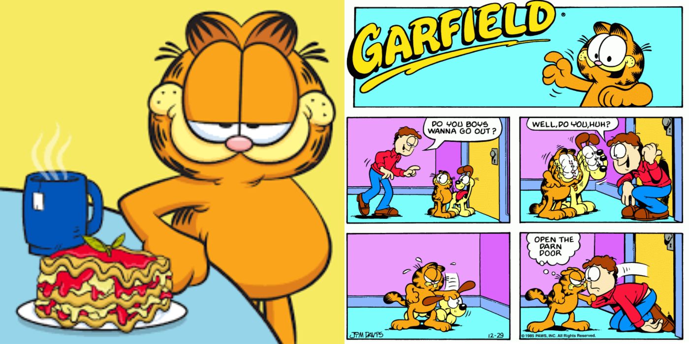 An image of Garfield the Cat with food alongside his comic. 