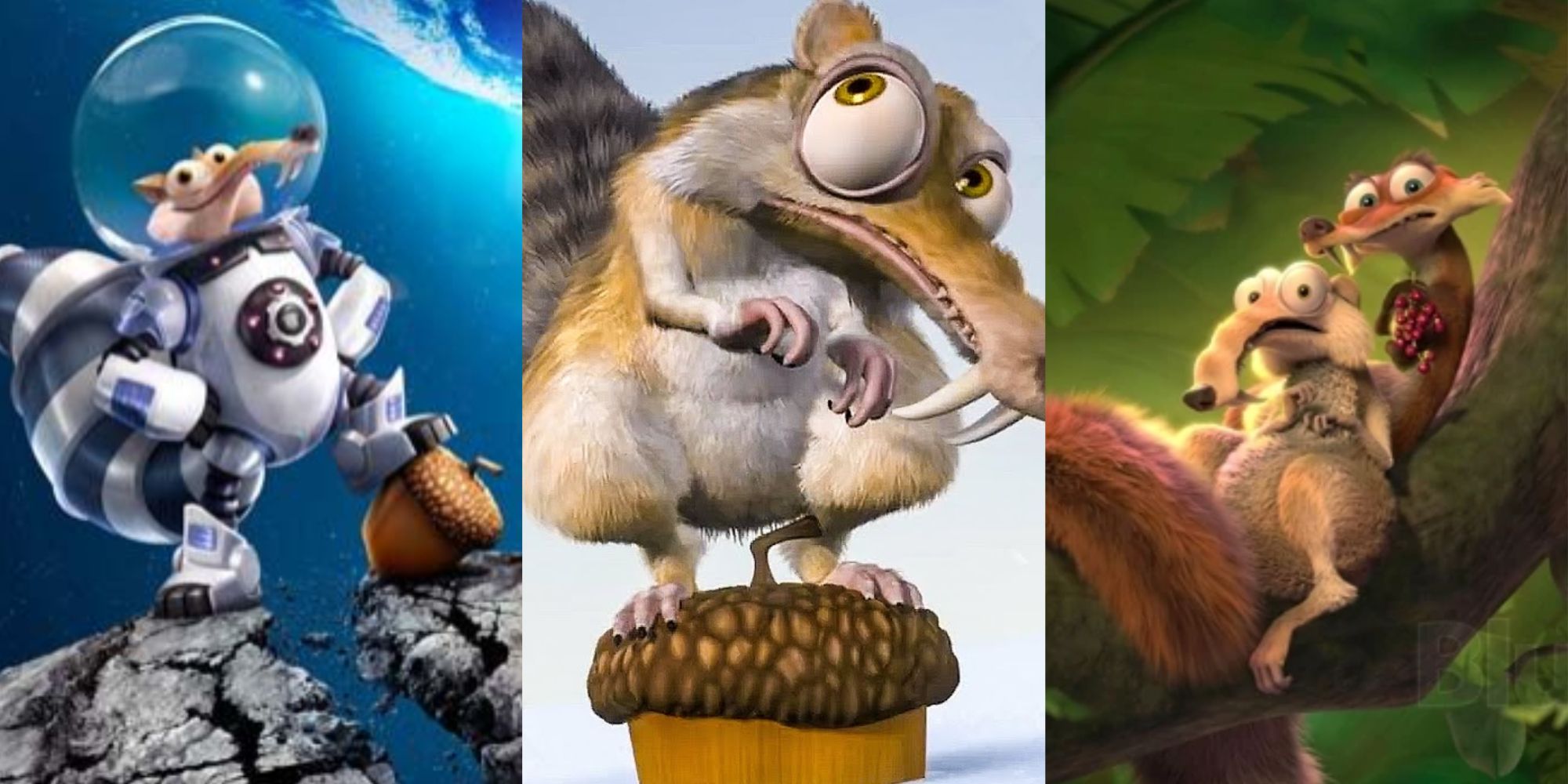 Split image of Scrat standing in a space suit, Scrat standing scared on his acorn, and Scrat and Scratte looking in fear while holding grapes