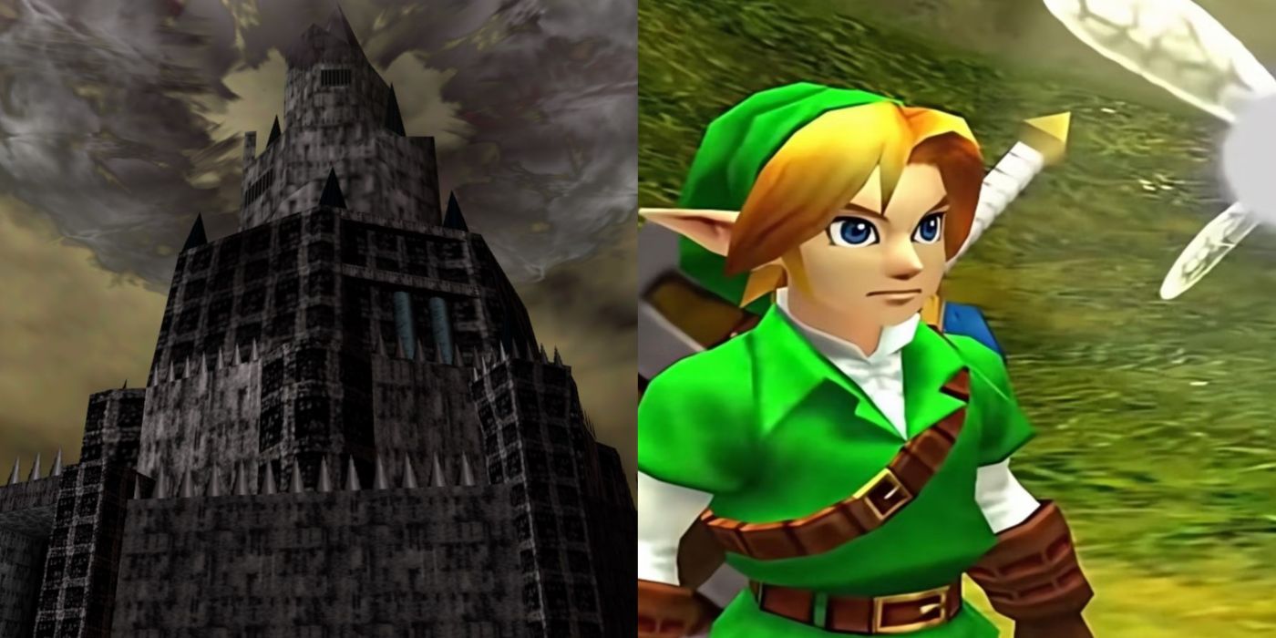 A split image of Ganon's Castle and Link with Navi from the legend of zelda: ocarina of time.