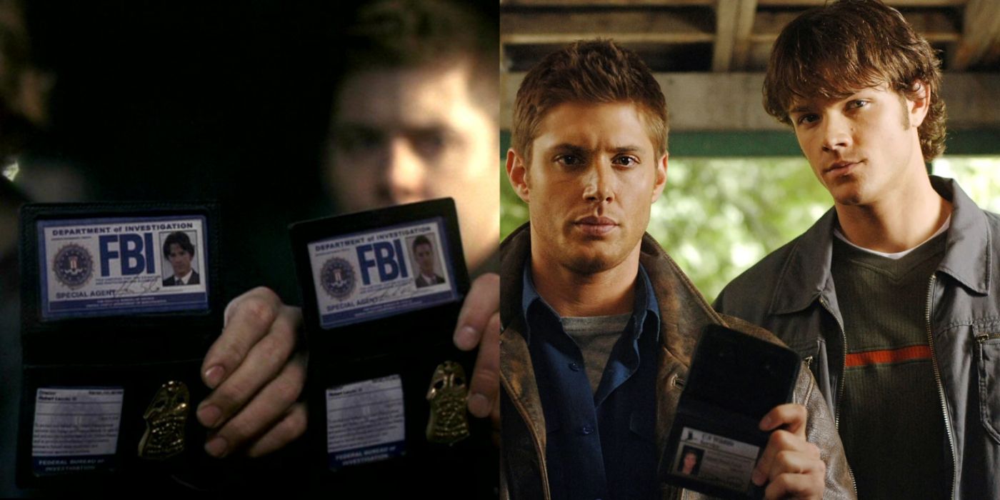 Split image of Sam and Dean with fake badges in Supernatural