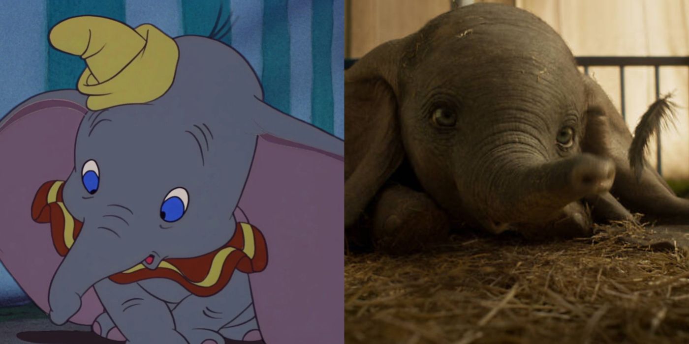 Uma imagem dividida mostrando Dumbo nos filmes de Dumbo de 1941 e 2019