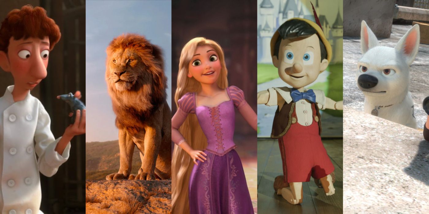 Split image showing Disney characters from Ratatouille, The Lion King, Tangled, Pinocchio, and Bolt