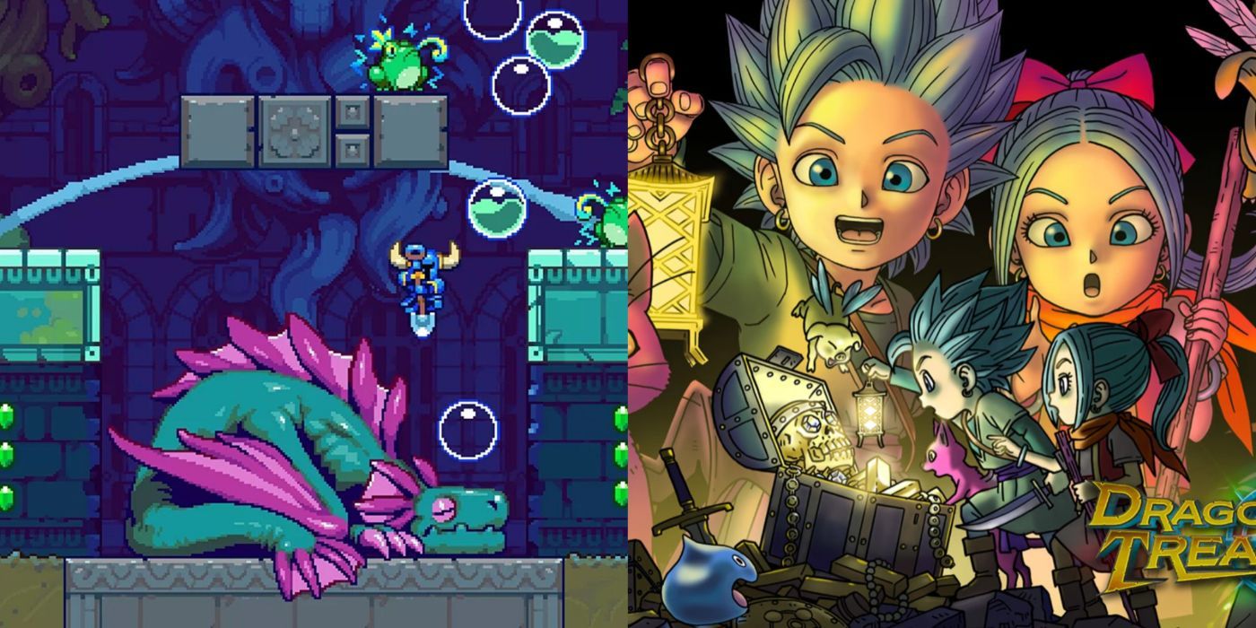 A split image of Shovel Knight gameplay and Dragon Quest Treasures.