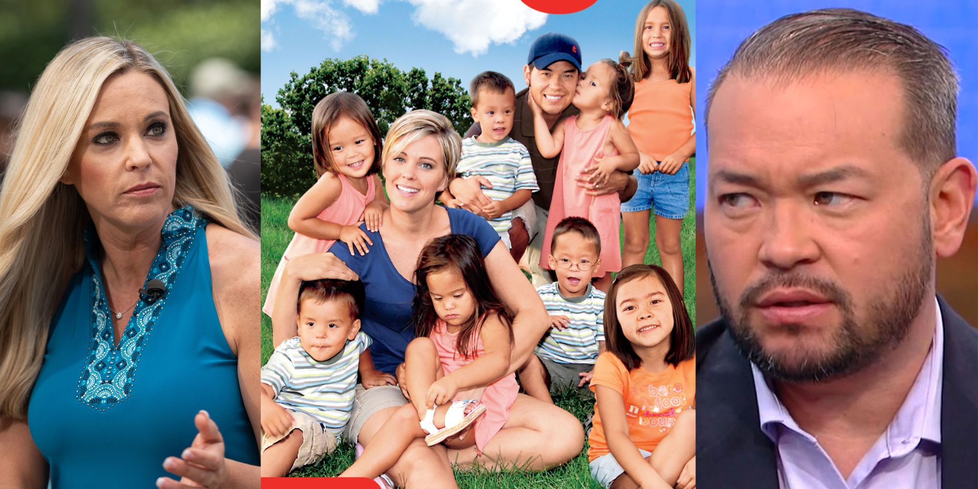 Split image of Kate looking right, an early season poster of Jon & Kate Plus 8 where they are hugging the kids, and Jon looking left