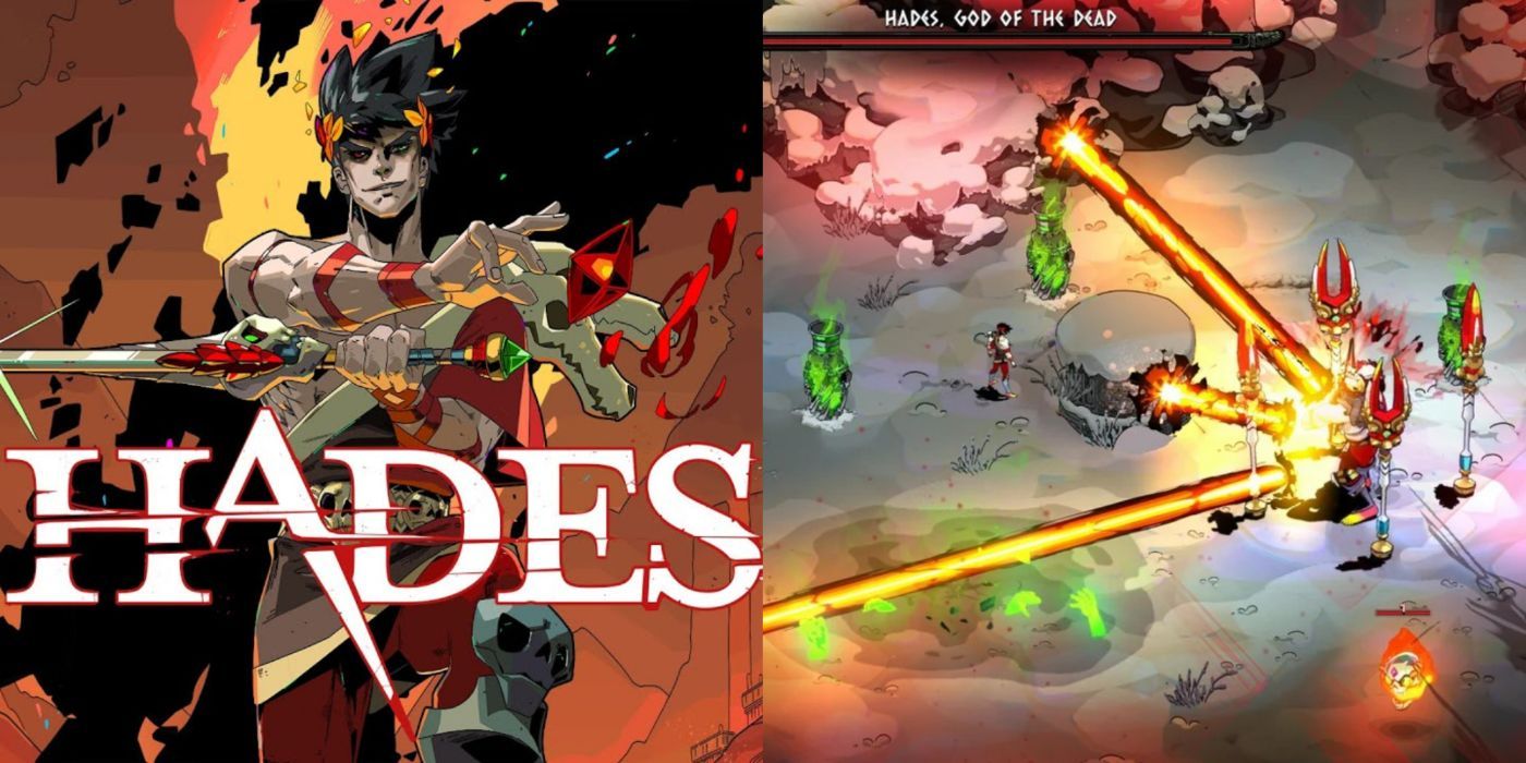 A split image of Hades cover art and Zagreus fighting Hades in Hades.
