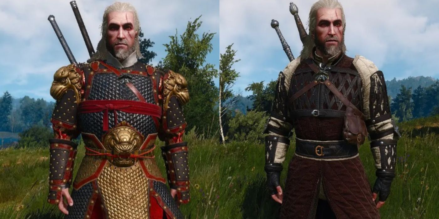 Uma imagem dividida da armadura White Tiger of the West e Dol Blathanna da atualização de próxima geração de Witcher 3.