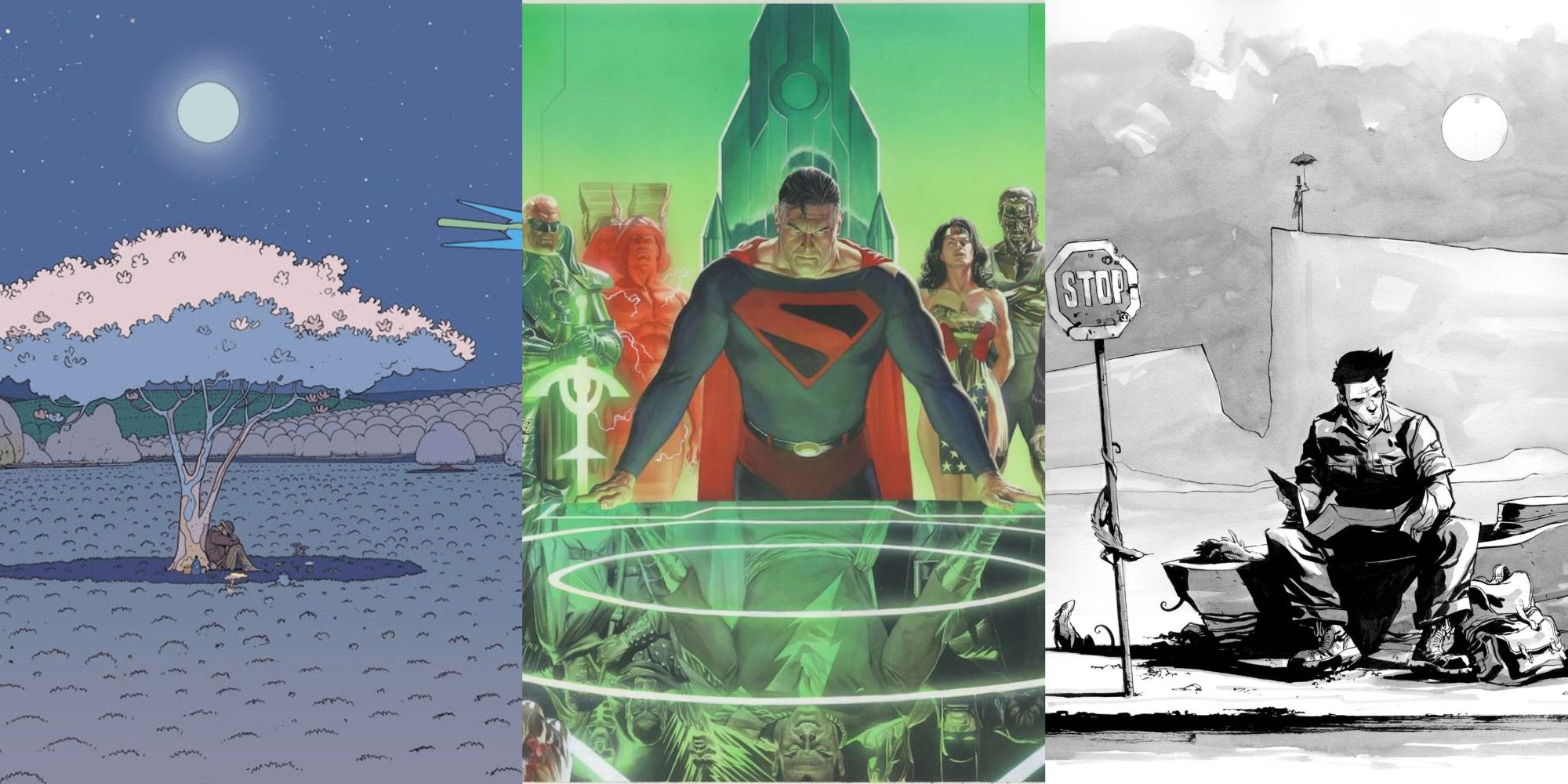Superman looms over the table while other characters sit out in nature