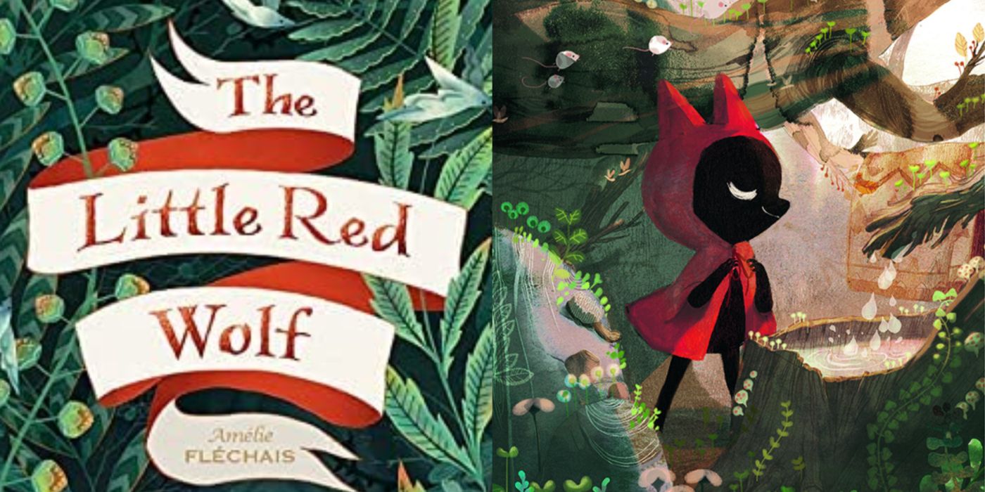 Imagem dividida O pequeno lobo vermelho capa em quadrinhos e lobo preto na capa vermelha