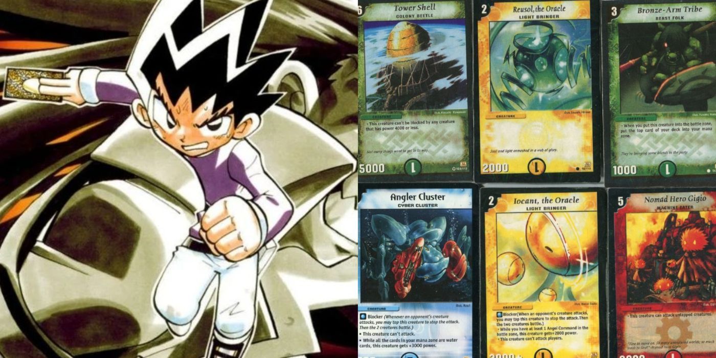 A split image of the main character from Duel Masters and Duel Masters cards.