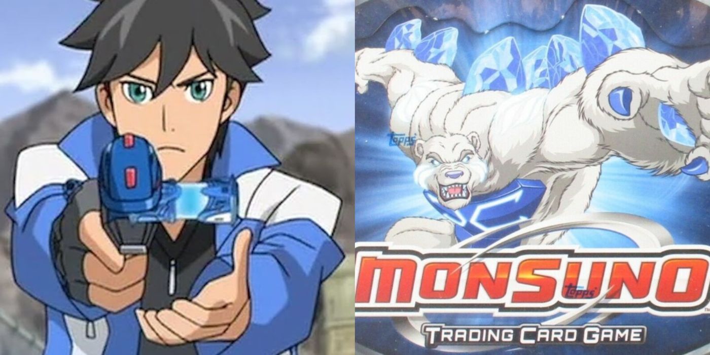 Uma imagem dividida do personagem principal de cartas Monsuno e monsuno