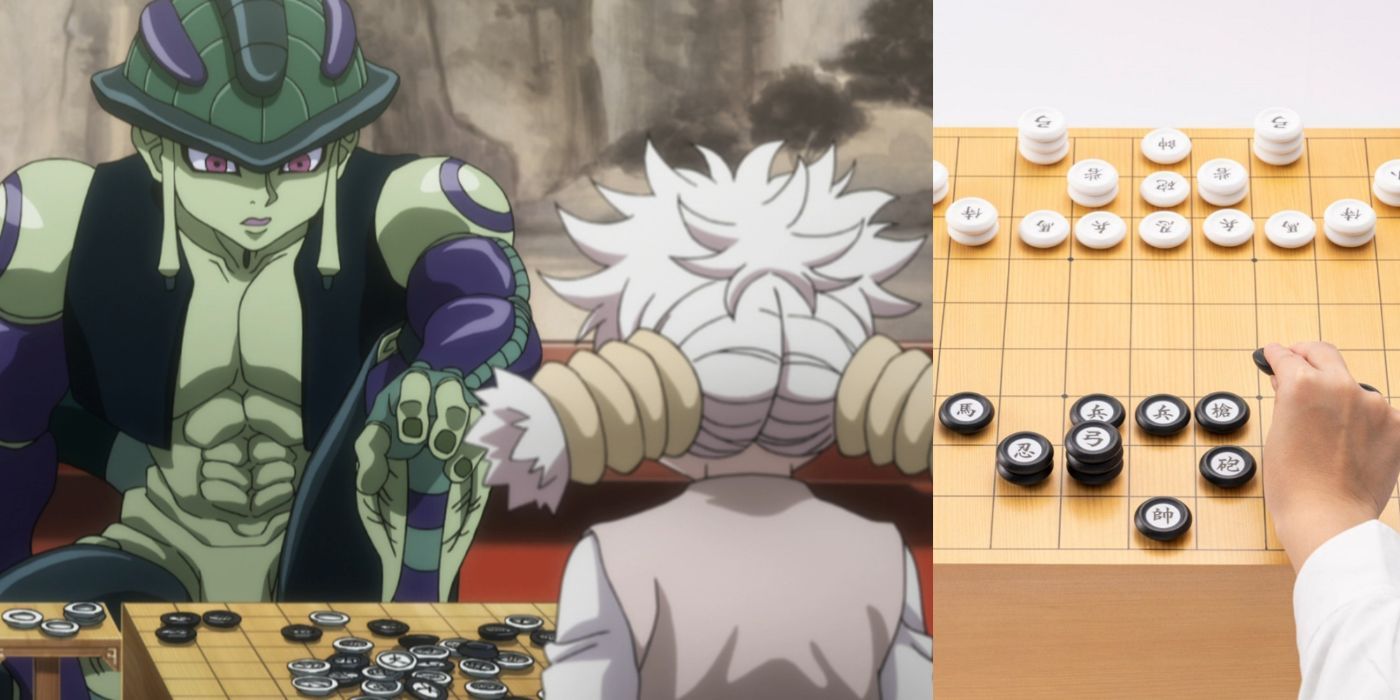 Uma imagem dividida de Meruem e Komugi jogando Gungi e um tabuleiro Gungi da vida real de Hunter x Hunter.