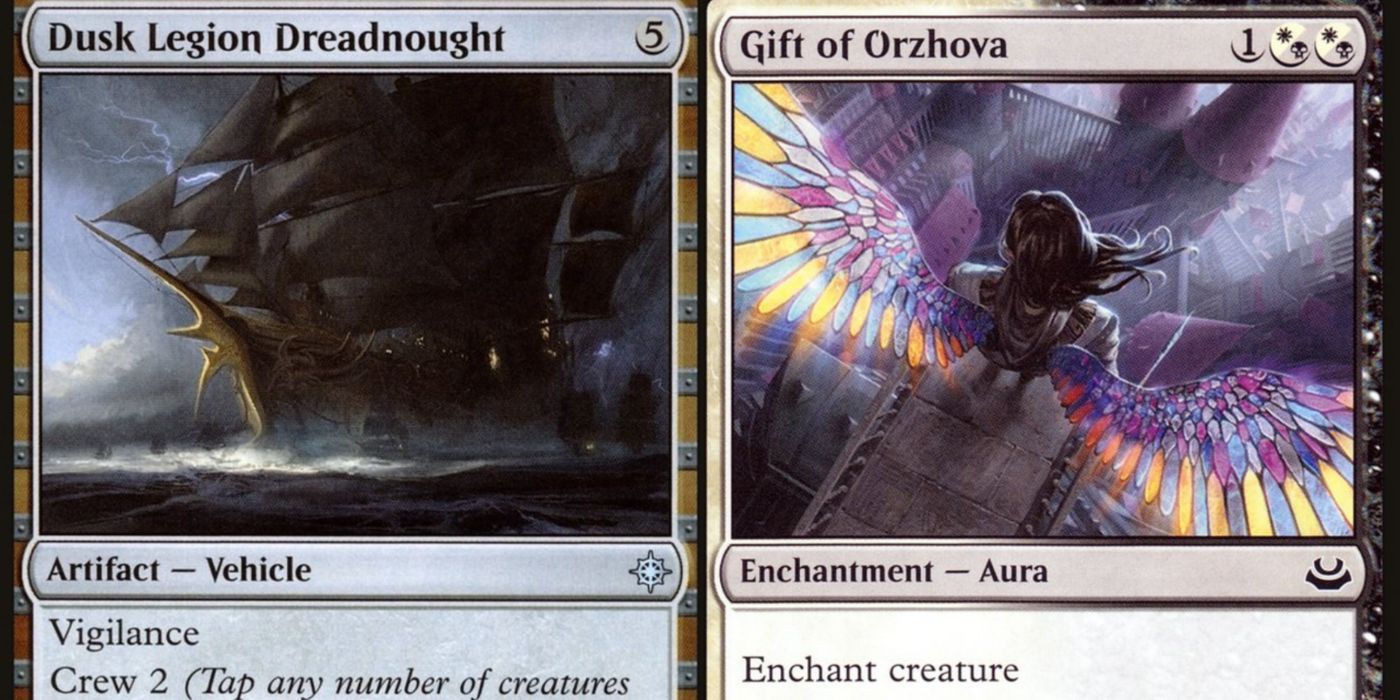 A split image of Dusk Legion Dreadnought and Gift of Orzhova from magic the gathering.