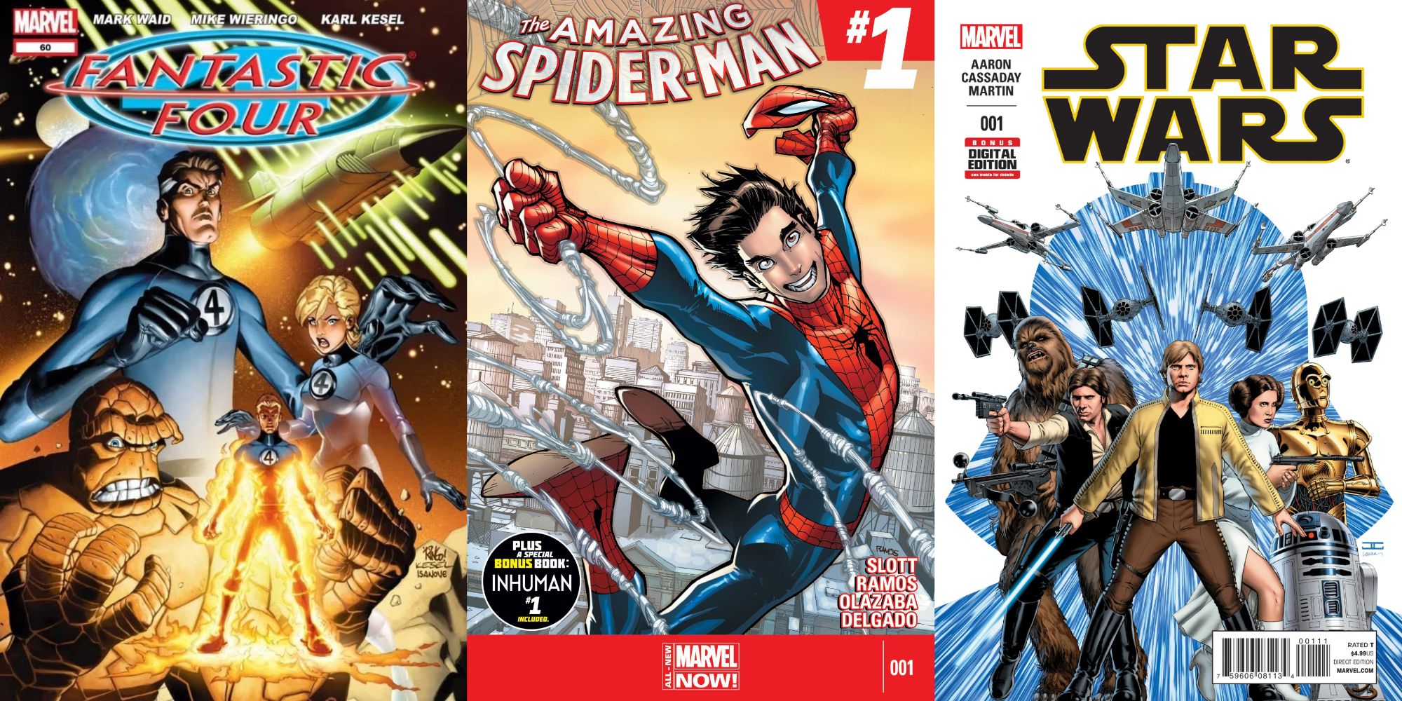 Split Image Fantastic 4 #60, The Amazing Spider Man 1 2014, Star Wars #1 2015 covers