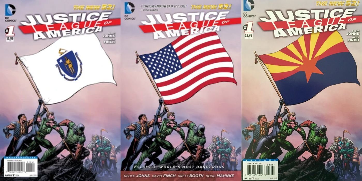 Variantes de capa da Liga da Justiça da América nº 1 2013 da imagem dividida