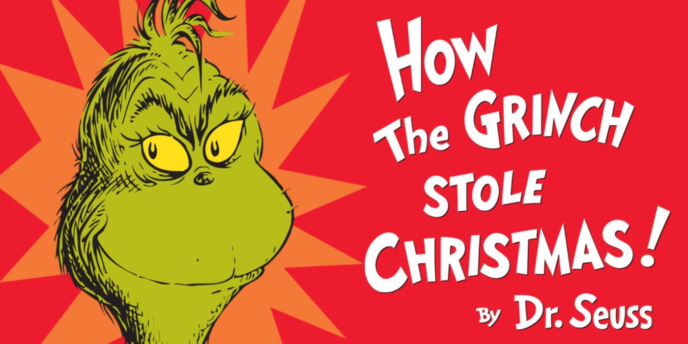 Cover for Dr Seuss How the Grinch Stole Christmas with smiling Grinch