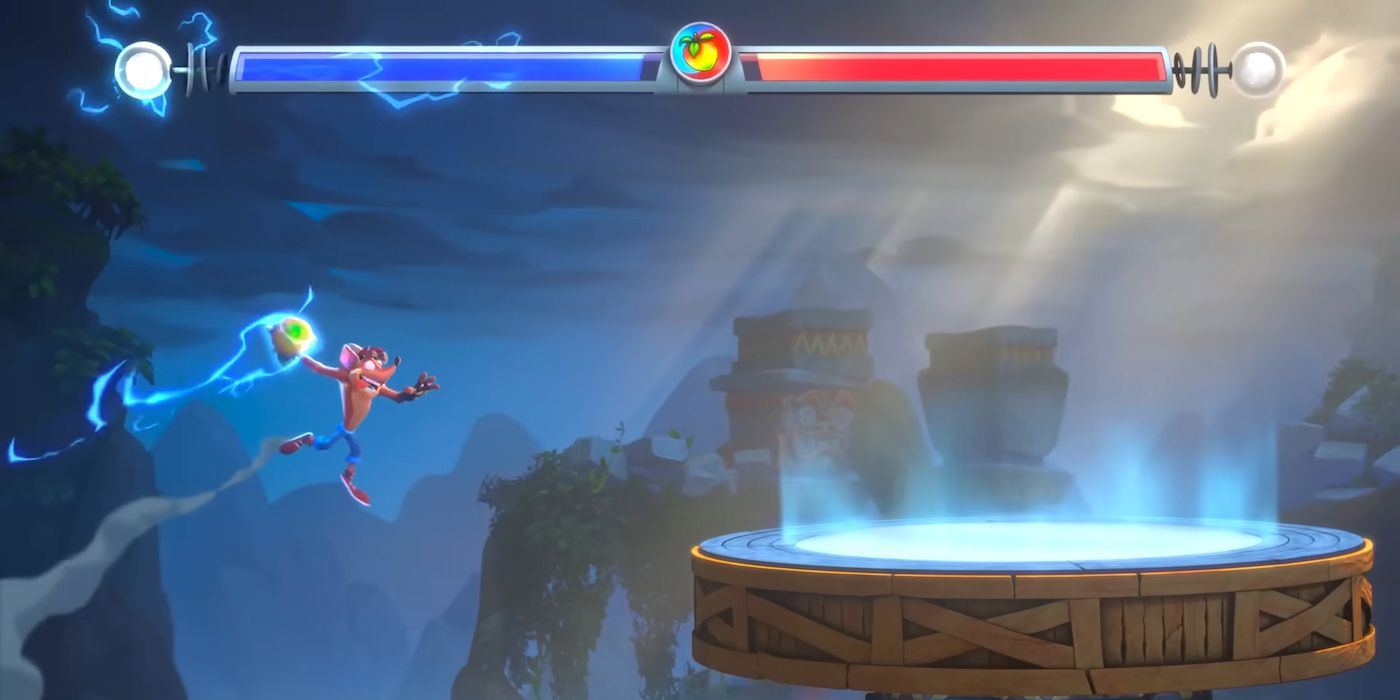 Crash Bandicoot dunks a Wumpa fruit into a glowing goal in the Crash Team Rumble trailer