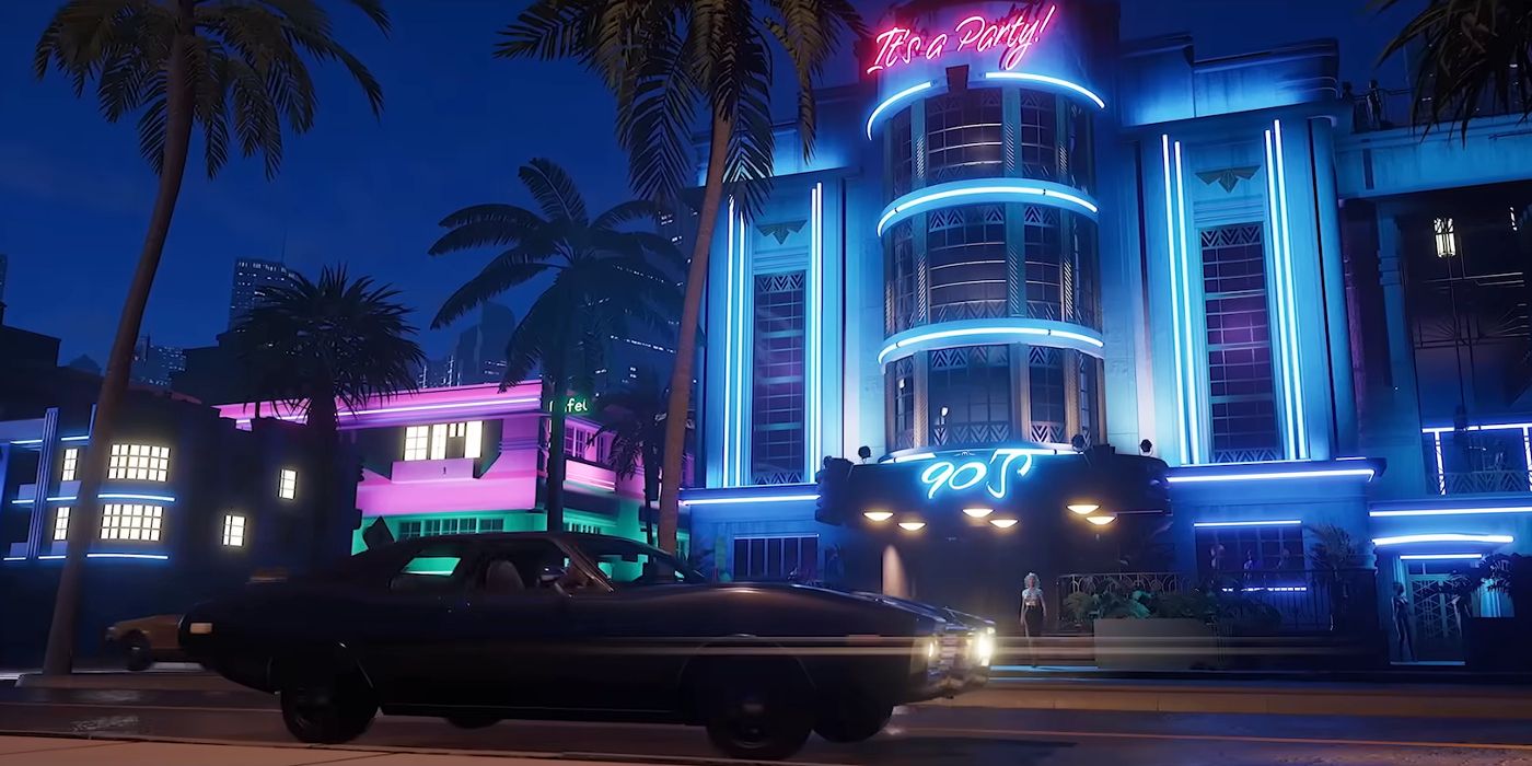 Um carro parou em frente a um prédio iluminado por neon em Crime Boss: Rockay City.