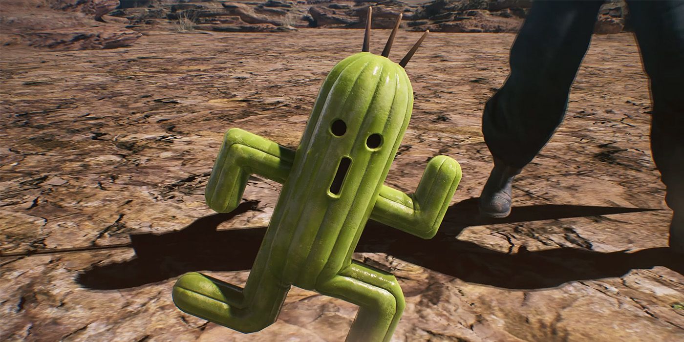 Cactuar is performing its iconic pose with Zack's feet in the background in Crisis Core FF7 Reunion.