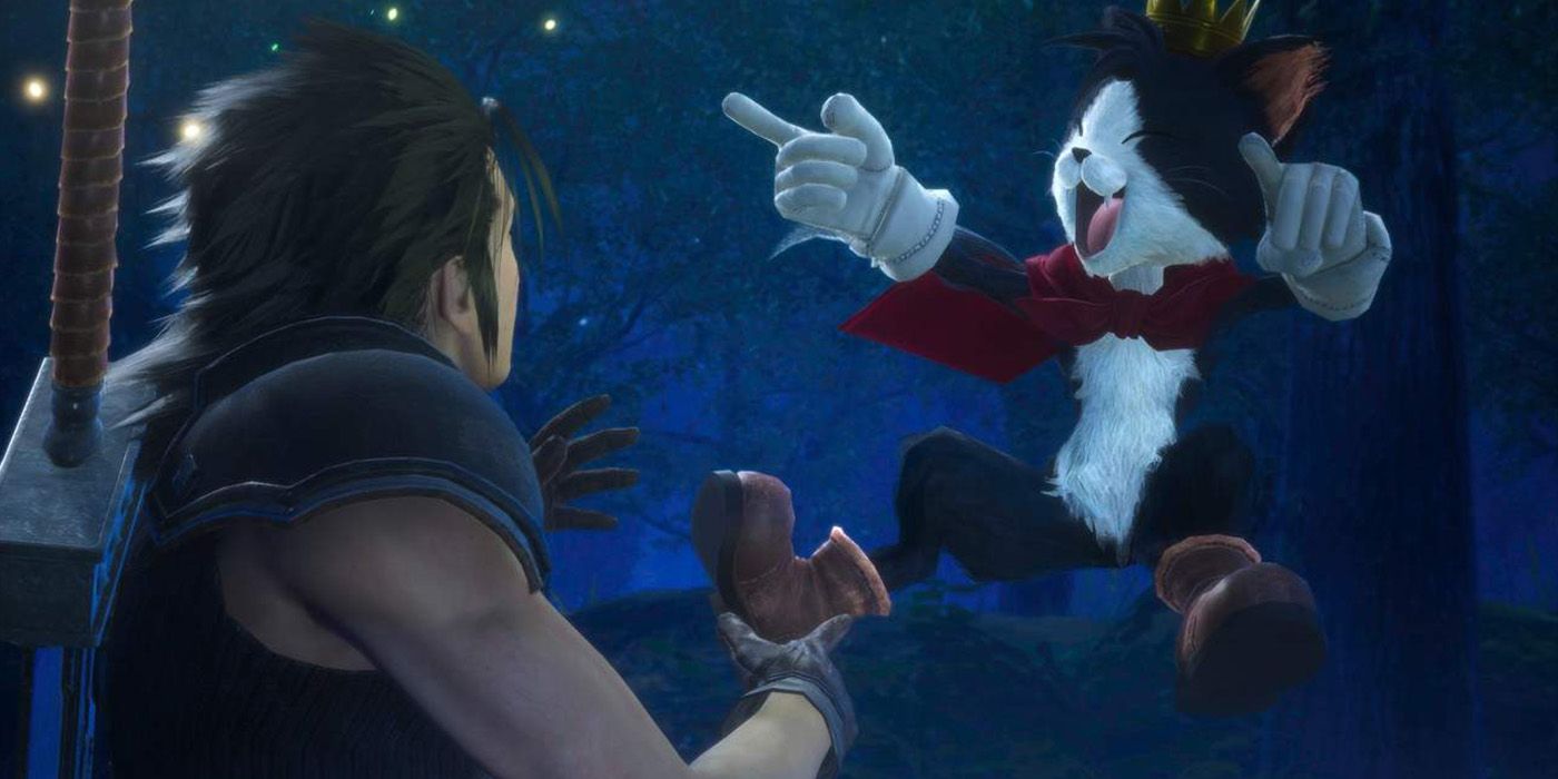 Cait Sith and Zack pointing at each other in Crisis Core FF7 Reunion.