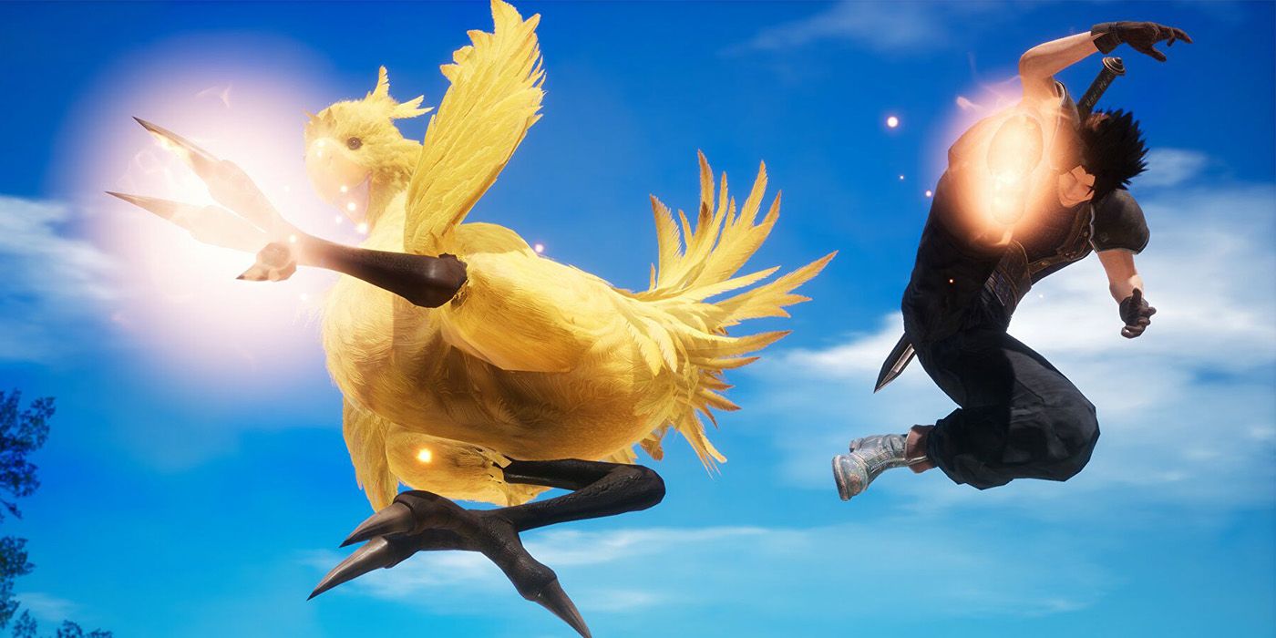 Chocobo and Zack kicking at the camera in Crisis Core FF7 Reunion.