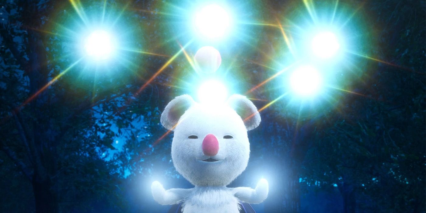 Moogle floating in the air with five round lights on top of it in Crisis Core FF7 Reunion 